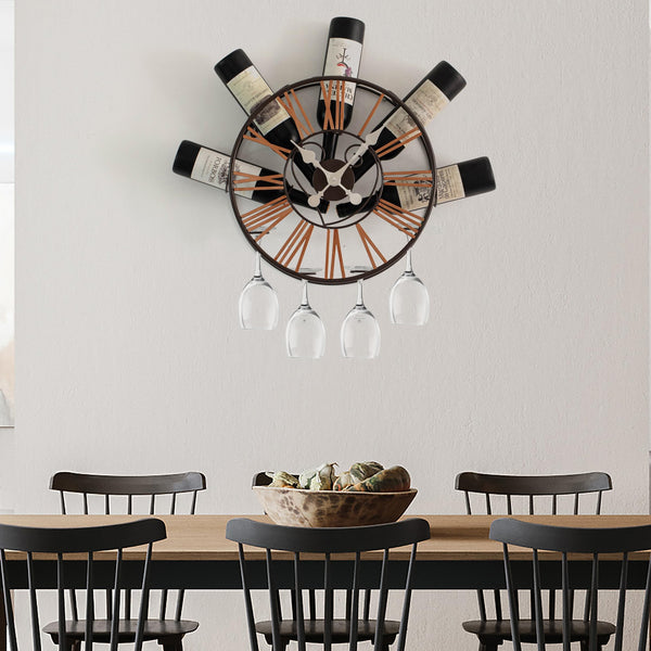 Wall-Mounted Clock Wine Rack with Stemware Holder