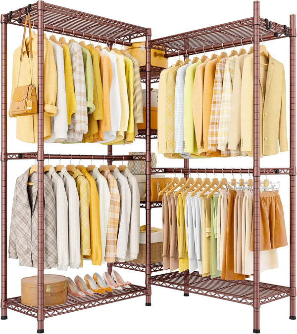 L-Shaped Corner Clothes Rack with Shelves & Hangers