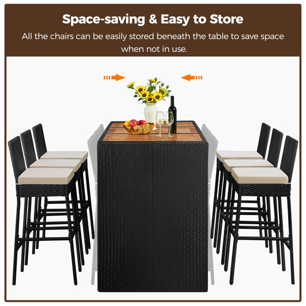 7-Piece Outdoor Wicker Bar Set with Acacia Wood Table