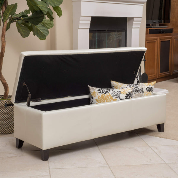 PU Leather Storage Ottoman Bench with Wood Frame, Ivory