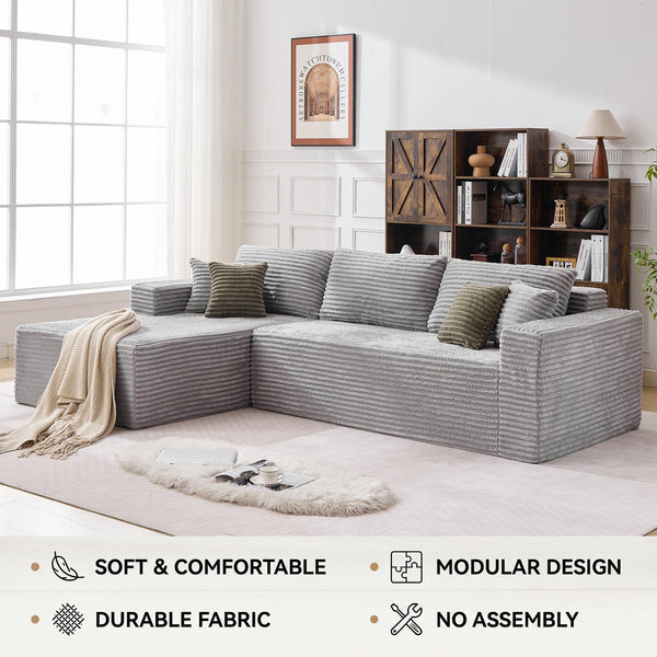 Grey Modular Sectional Sofa – L-Shape Cloud Couch with Oversized Chaise