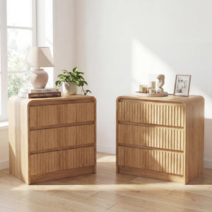 Fluted Nightstand with Charging Station & 3 Drawers