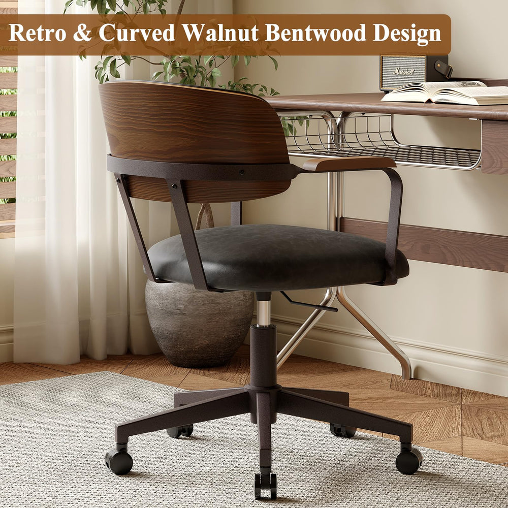 Mid-Century Modern Swivel Desk Chair – PU Leather, Walnut Bentwood Back, Black