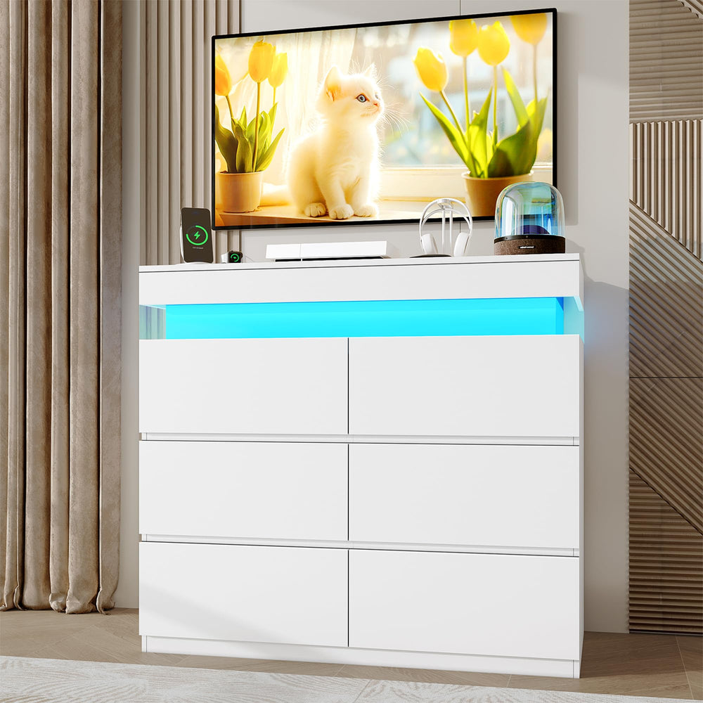 6-Drawer Dresser with Flip-Top Storage, LED Lights & Charging Station