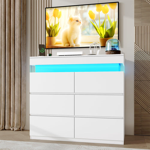 6-Drawer Dresser with Flip-Top Storage, LED Lights & Charging Station