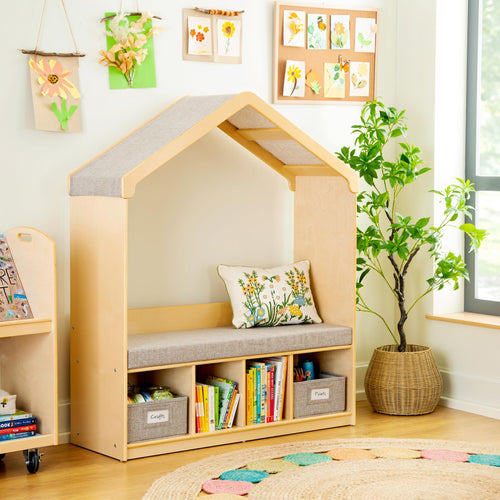 Kids Reading Nook with Storage Bench, Cubbies & Fabric Bins