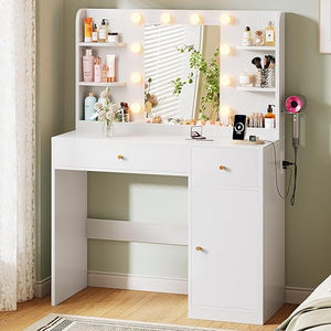 Vanity Desk with Mirror, Lights & Storage