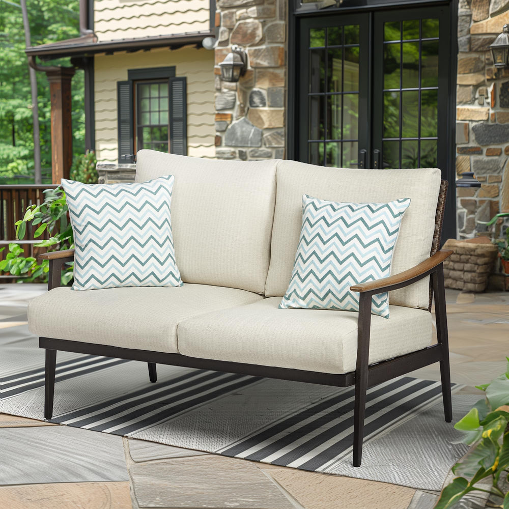 Outdoor Patio Loveseat Sofa with Wicker Backrest & Thick Cushion