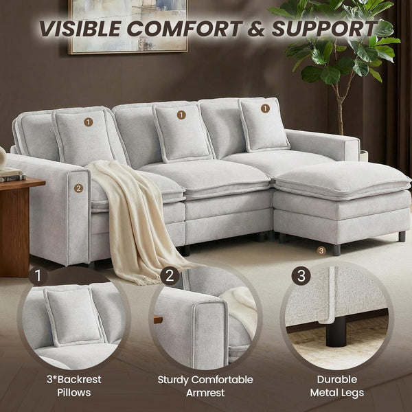 Modular Sectional Sofa with Ottoman – 4-Seat L-Shaped Cloud Couch