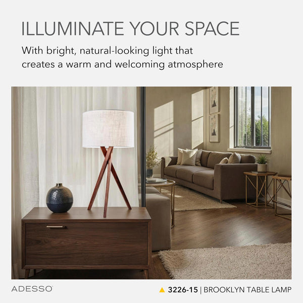 Walnut Tripod Table Lamp with White Linen Shade