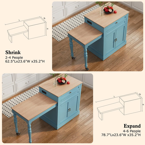 Extendable Kitchen Island with Charging Station & Storage