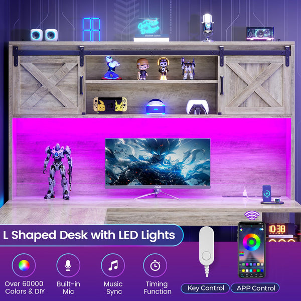 L-Shaped Desk with Hutch, Drawers, Storage Shelves & LED Lights – Grey