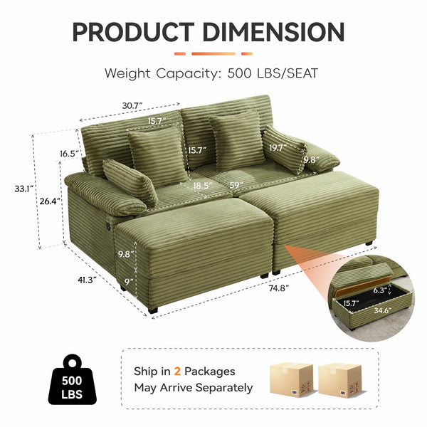Corduroy Loveseat with Storage Ottomans & USB Port