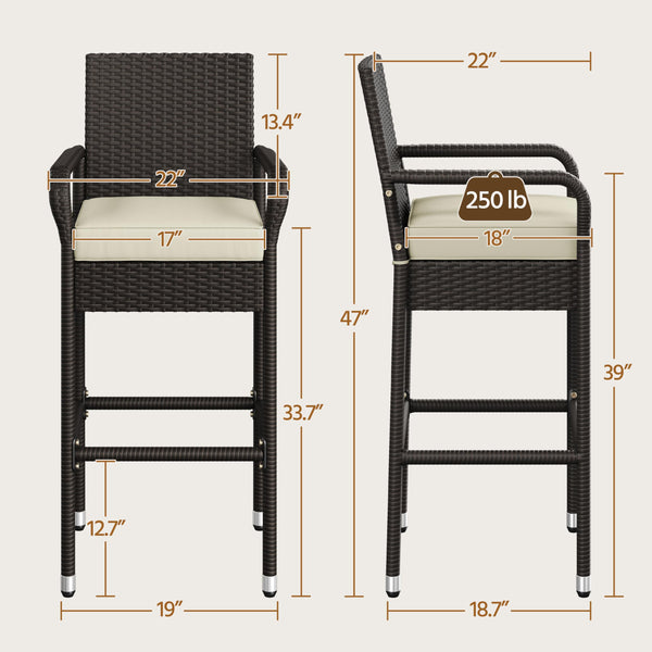 Outdoor Wicker Bar Stools with Armrests, Footrests & Cushions (Brown/Beige)