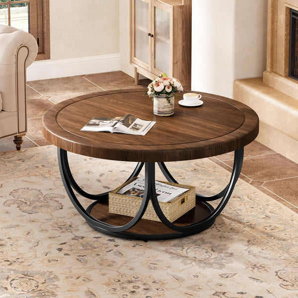Round Coffee Table with Storage Shelf, 2-Tier Metal Frame