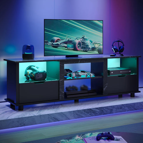 70" Gaming TV Stand with LED Lights, Drawers & Glass Shelves