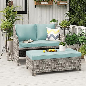 2-Piece Outdoor Wicker Loveseat & Coffee Table Set with Storage