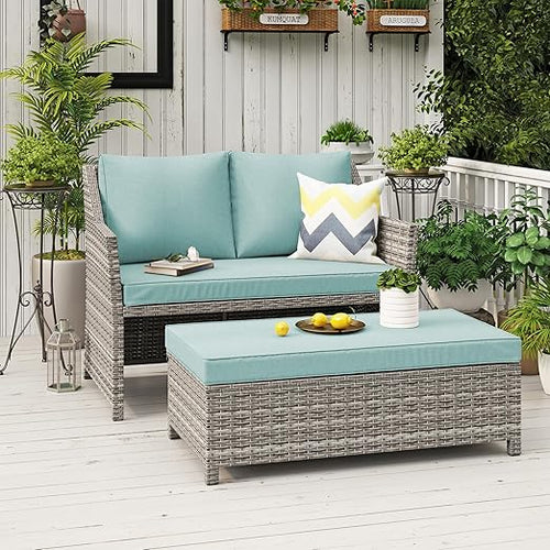 2-Piece Outdoor Wicker Loveseat & Coffee Table Set with Storage