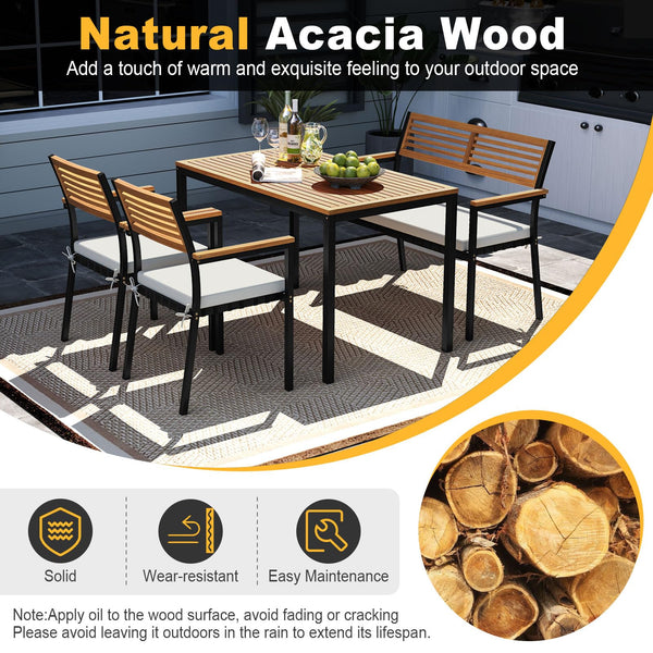 4-Piece Acacia Wood Patio Dining Set with Table, 2 Chairs & Bench