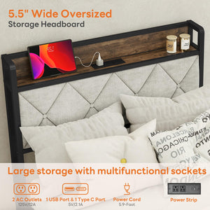 Queen Bed Frame with Storage Headboard & USB Charging