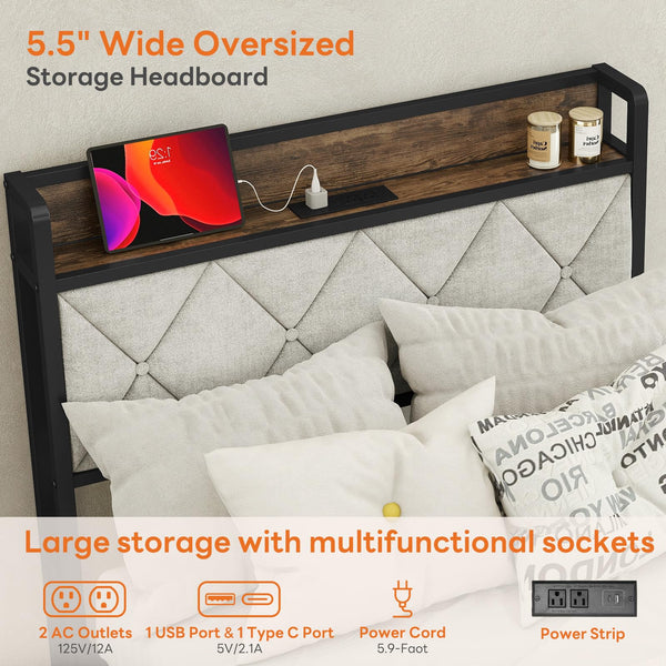 Queen Bed Frame with Storage Headboard & USB Charging