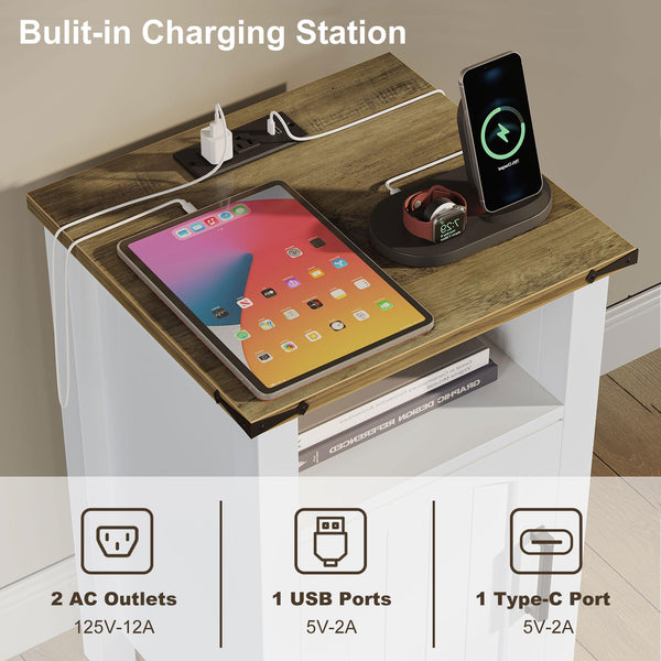 Farmhouse Nightstand Set of 2 with Charging Station & Storage