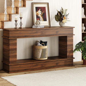 63-Inch Farmhouse Console Table with Open Shelves