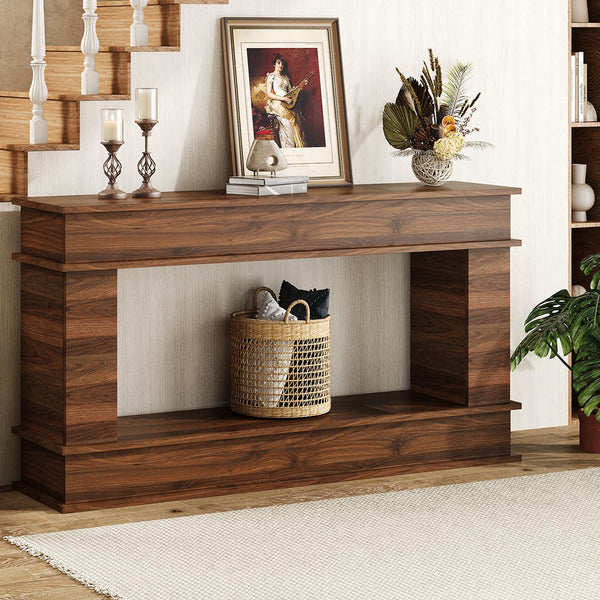 63-Inch Farmhouse Console Table with Open Shelves