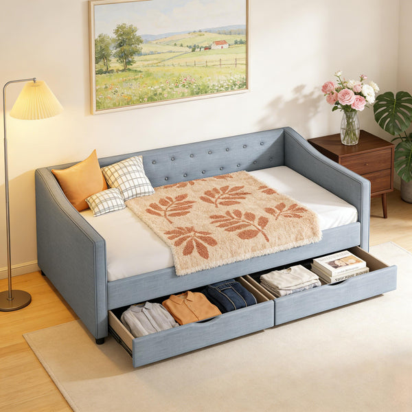 Upholstered Daybed with Storage Drawers | Linen Sofa Bed Twin & Full