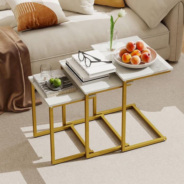 Nesting Coffee Table Set of 3, C-Shaped End Tables with Faux Marble Top