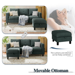 L-Shaped Sectional Sofa with Storage Ottoman | 3-Seat Linen Couch
