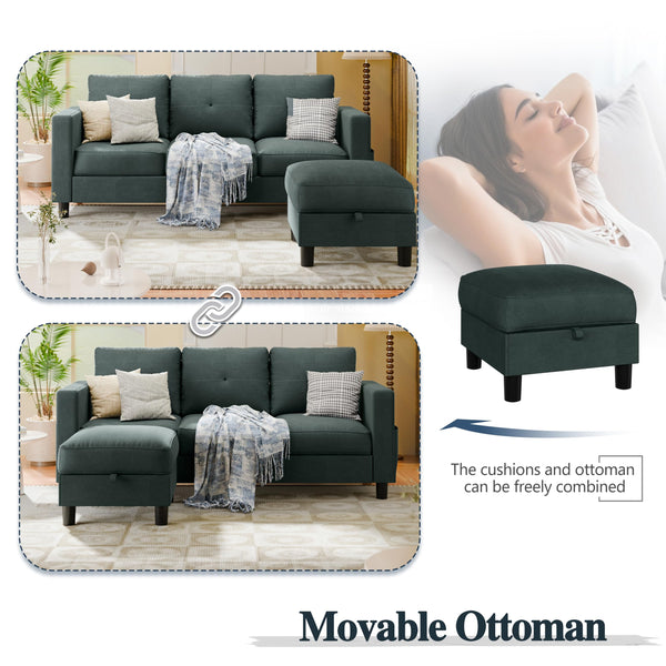 L-Shaped Sectional Sofa with Storage Ottoman | 3-Seat Linen Couch