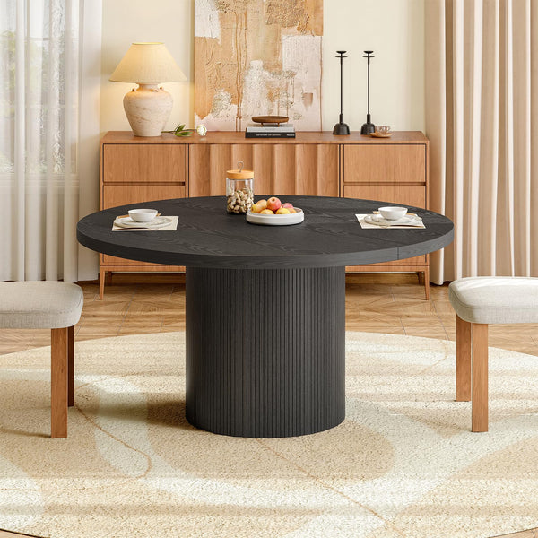 Lefurture 47 Inch Round Dining Table for 4-6, Fluted Kitchen Table with Wood Strip Base, Mid Century Modern Circle Dinner Tables for Dining Room, Kitchen, Black