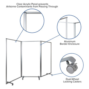 3-Panel Clear Acrylic Room Divider Partition with Locking Casters