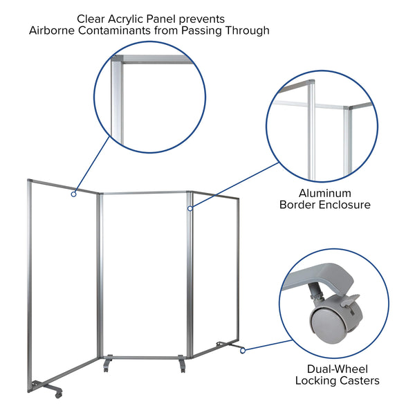 3-Panel Clear Acrylic Room Divider Partition with Locking Casters
