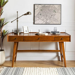 Mid-Century Modern Home Office Desk with 3 Drawers & Charging Station