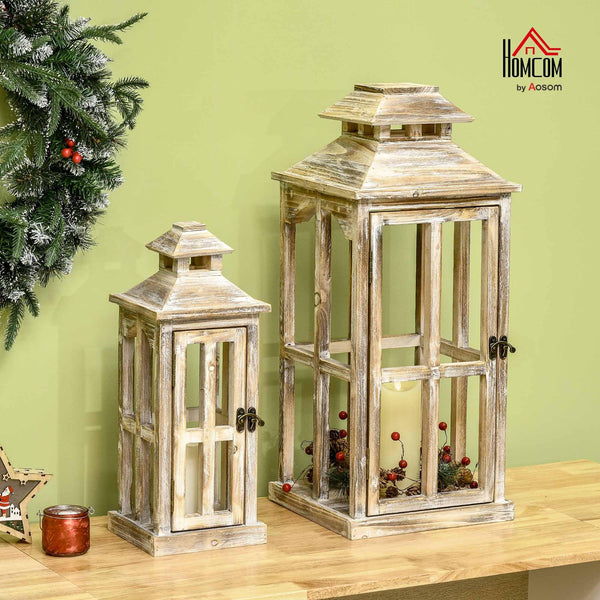 Rustic Wooden Decorative Lanterns Set of 2 – Indoor Outdoor Candle Lanterns