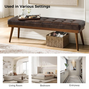 55.5" Genuine Leather Tufted Bench with Solid Wood Legs