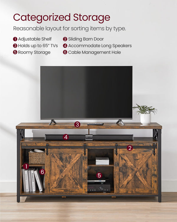 TV Stand with Sliding Barn Doors & Adjustable Shelves, 65 Inch