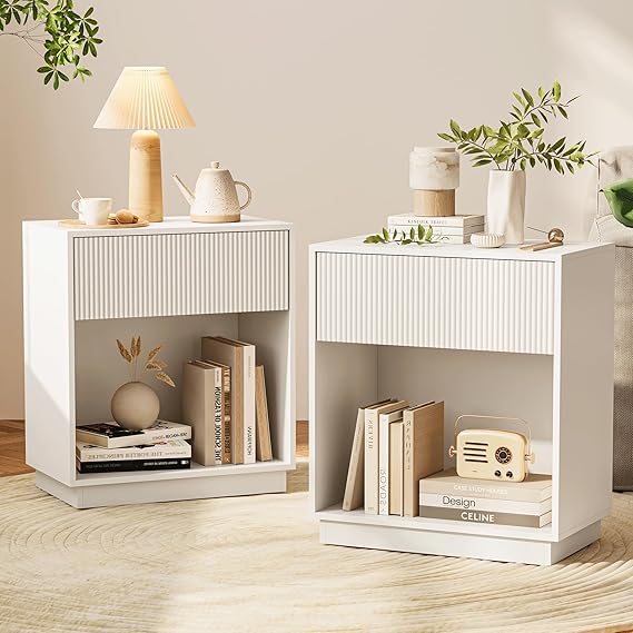 Fluted Nightstands Set of 2 with Drawer and Storage Shelf