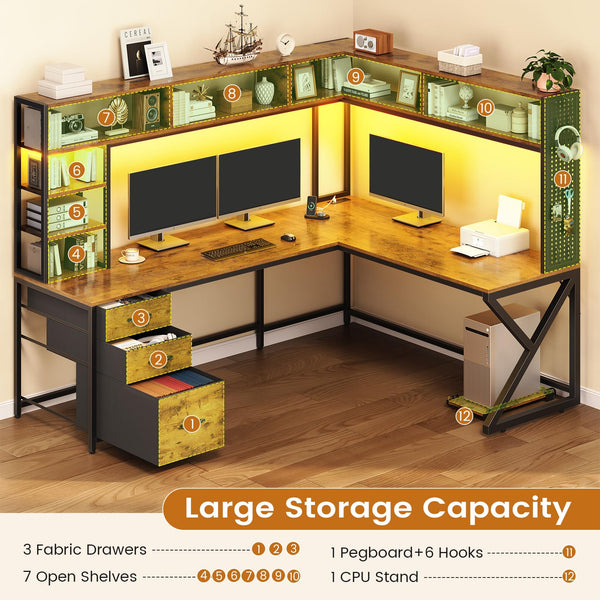 L-Shaped Desk with Hutch, Drawers & Power Outlet