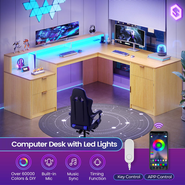L-Shaped Executive Desk with Drawers, File Cabinet & Monitor Stand