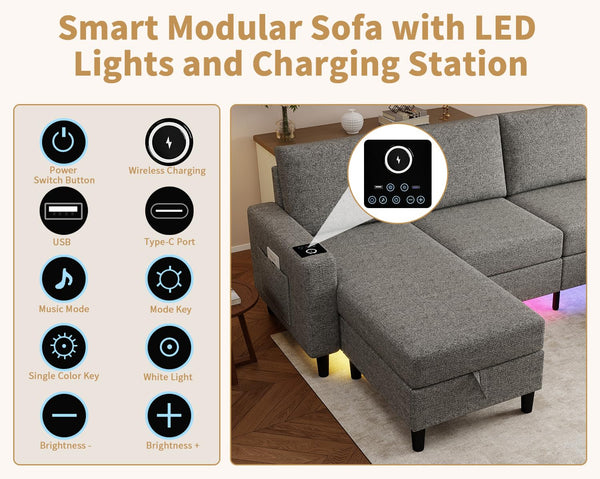 U-Shaped Sectional Sofa with RGB LED Light & USB Charging