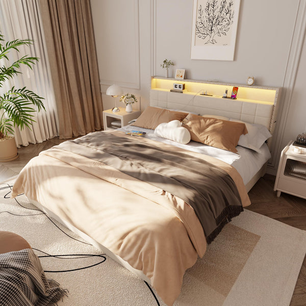Upholstered Platform Bed Frame with Storage Drawers, LED Lights & Charging Station