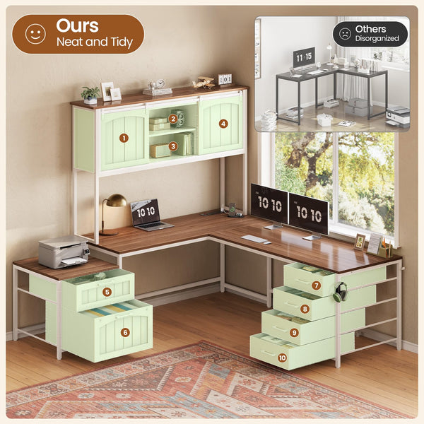 L-Shaped Office Desk with Hutch, 6 Drawers & Power Outlet – Farmhouse Corner Desk