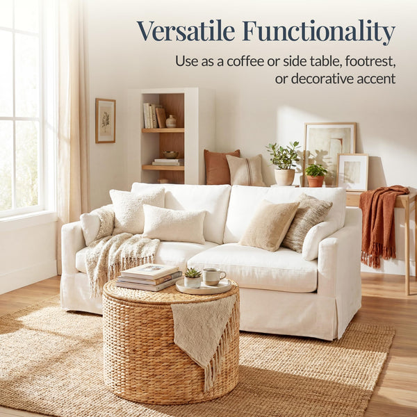 Round Water Hyacinth Storage Ottoman with Lid