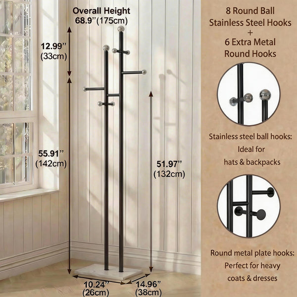 Heavy Duty Freestanding Coat Rack with Marble Base & 14 Hooks