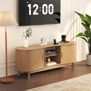 Mid Century Modern TV Stand with Sliding Doors and Power Outlet