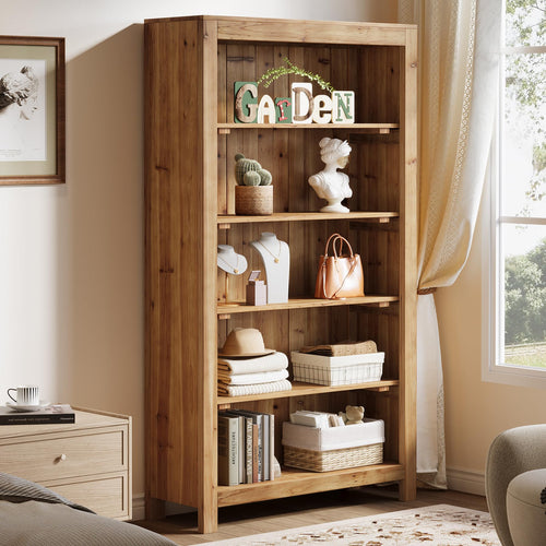 5-Tier Solid Wood Bookcase with Display Shelves