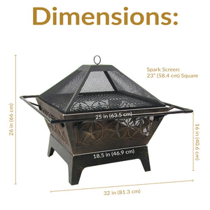Square Outdoor Wood-Burning Fire Pit with Grill Grate, Spark Screen & Poker